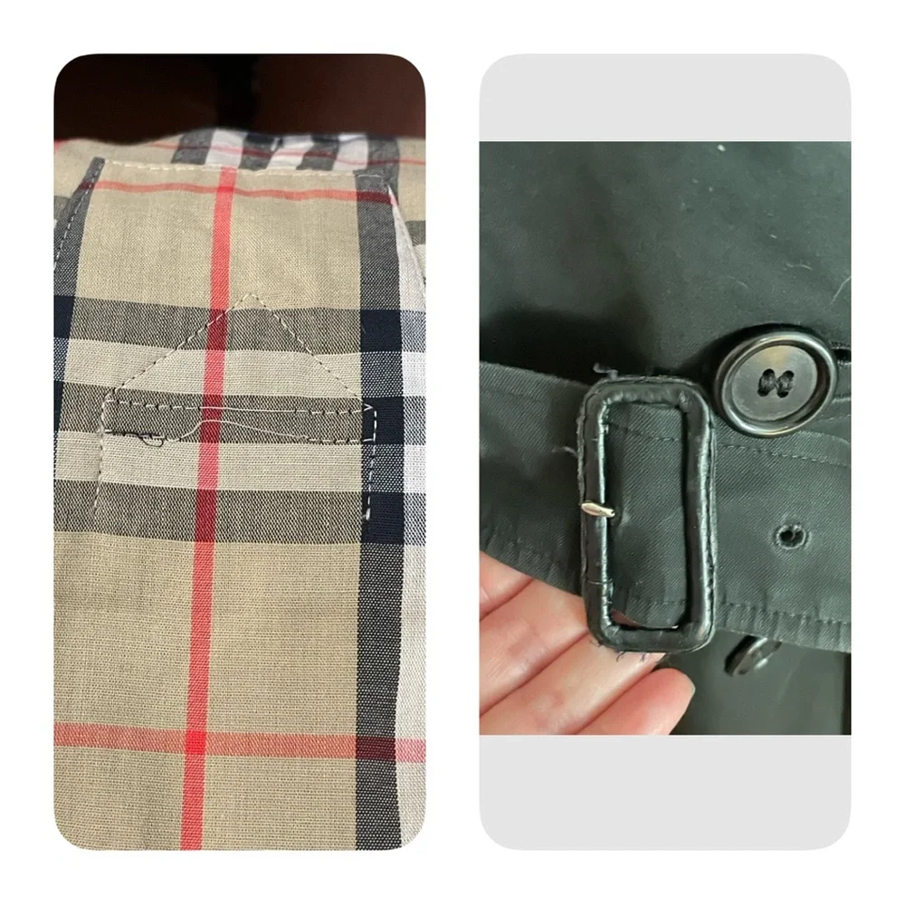 Burberry Vintage Trench Coat Black Authentic Nova Check Double Breasted 14 XLong - Picture 12 of 16